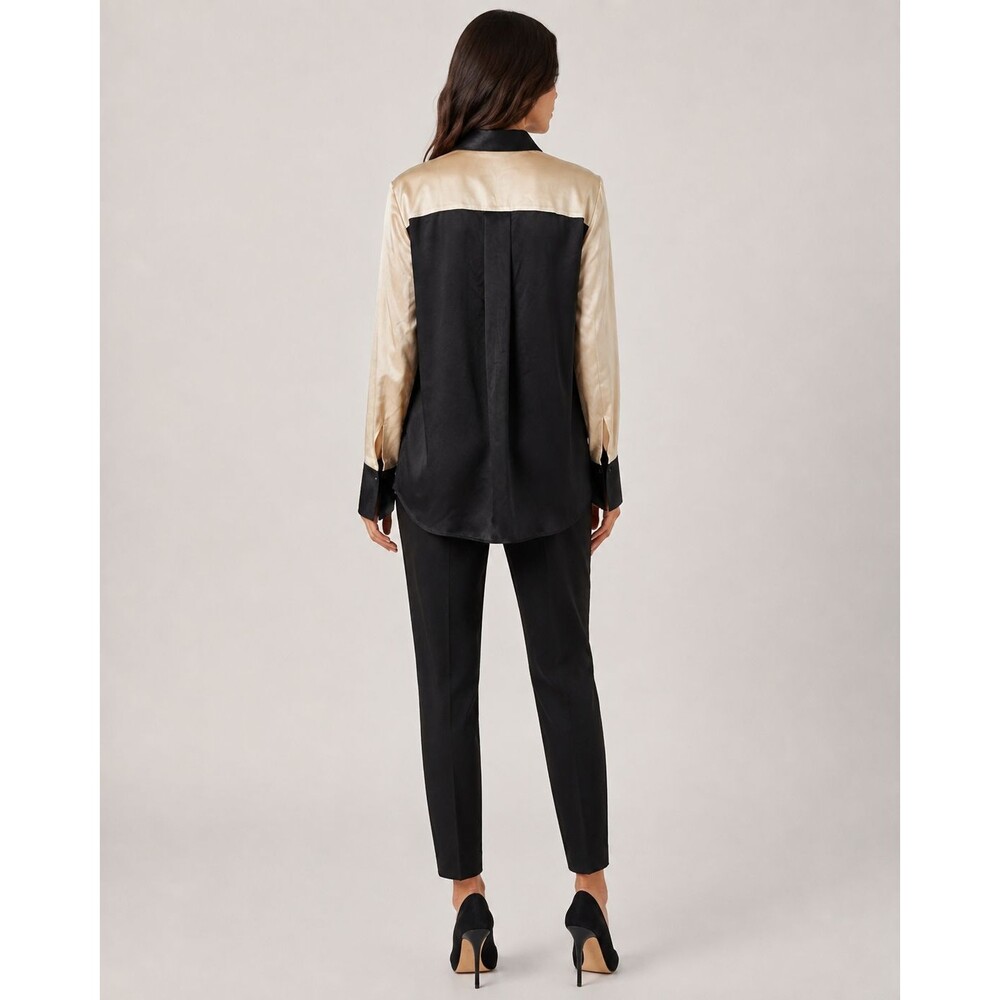 REISS Lorey 100% Silk Colorblock Blouse Black Champagne US 8 UK 12 - Picture 2 of 9